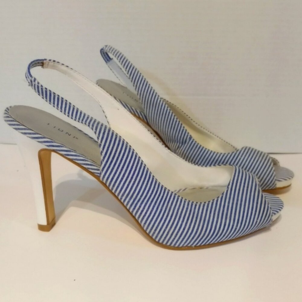 FIONI Striped Blue and White Slingback 4 INCH Heels‎ Peep toe Sz 8 1/2